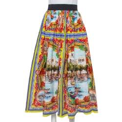 Pre Owned Dolce & Gabbana Multicolor Sicilian Postcard Printed Cotton Midi Skirt S