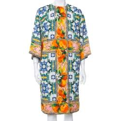 Pre Owned Dolce & Gabbana Multicolor Majolica Printed Textured Cotton Double Breasted Light Weight Coat L