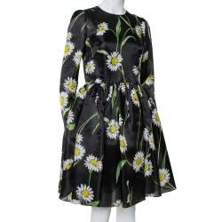 Pre Owned Dolce & Gabbana Black Sunflower Printed Silk Flared Dress M
