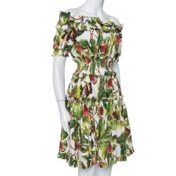 مملوكة مسبقًا Dolce & Gabbana Green Fig Printed Cotton Off Shoulder Tiered Mini Dress M
