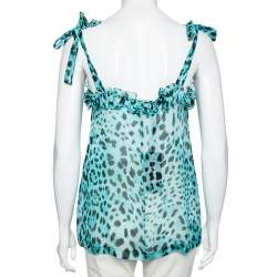 Pre Owned Dolce & Gabbana  Blue Animal Printed Silk Ruffle Detail Sleeveless Top S