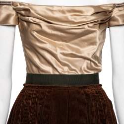 Pre Owned D&G Beige & Brown Silk & Corduroy Off Shoulder Corset Pleated Dress S