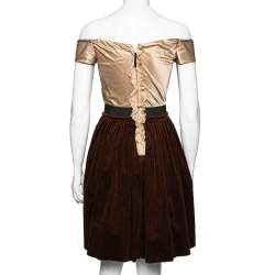 Pre Owned D&G Beige & Brown Silk & Corduroy Off Shoulder Corset Pleated Dress S