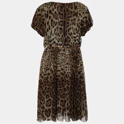 Pre Owned Dolce & Gabbana Brown Leopard Printed Silk Pleated Puffed Sleeve Dress L