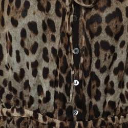 Pre Owned Dolce & Gabbana Brown Leopard Printed Silk Pleated Puffed Sleeve Dress L