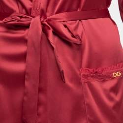 Pre Owned Dolce & Gabbana Red Satin Ruffled Lace Trimmed Belted Robe M