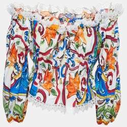 Pre Owned Dolce & Gabbana Multicolor Majolica Printed Cotton Lace Detail Off Shoulder Top L