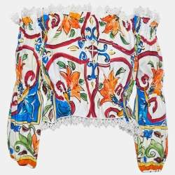 Pre Owned Dolce & Gabbana Multicolor Majolica Printed Cotton Lace Detail Off Shoulder Top L