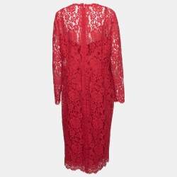 Pre Owned Dolce & Gabbana Red Floral Lace Collared Midi Dress 2XL