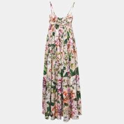 Pre Owned Dolce & Gabbana Pink Floral Printed Cotton Tie Front Strappy Maxi Dress XL