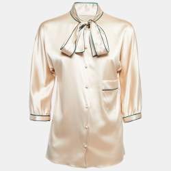 Pre Owned Dolce & Gabbana Beige Satin Silk Tie Neck Blouse S