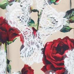 Dolce & Gabbana Beige Rose Printed Crepe & Lace Cami Top & Pants Set L