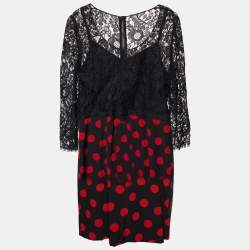 Pre Owned Dolce & Gabbana Black Lace & Polka Dot Printed Silk Midi Dress L