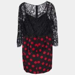 Pre Owned Dolce & Gabbana Black Lace & Polka Dot Printed Silk Midi Dress L