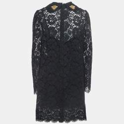 Pre Owned Dolce & Gabbana Black Floral Lace Bee Embellished Detail Mini Dress L