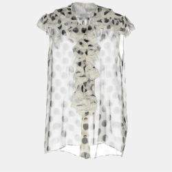 Pre Owned Dolce & Gabbana White Polka Dot Silk Ruffled Blouse M (IT 42)