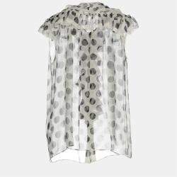 Pre Owned Dolce & Gabbana White Polka Dot Silk Ruffled Blouse M (IT 42)