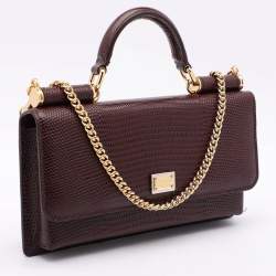 Pre Owned Dolce & Gabbana Burgundy Lizard Embossed Leather Sicily Wallet on Chain