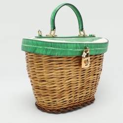 Pre Owned Dolce & Gabbana Multicolor Banana Leaf Print Leather and Wicker Basket Top Handle Bag