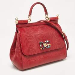 Dolce & Gabbana Red Lizard Embossed Leather Medium Miss Sicily Top Handle Bag