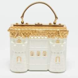 Dolce & Gabbana Gold/White Acrylic and Snakeskin Castle Dolce Box Top Handle Bag