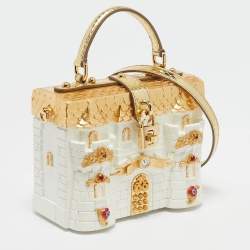 Dolce & Gabbana Gold/White Acrylic and Snakeskin Castle Dolce Box Top Handle Bag