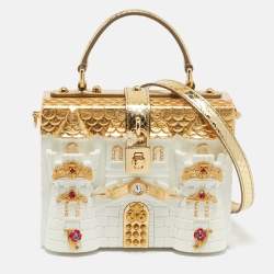 Dolce & Gabbana Gold/White Acrylic and Snakeskin Castle Dolce Box Top Handle Bag