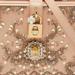 Dolce & Gabbana Beige Satin and Leather Crystal Embellished Rosaria Box Top Handle Bag