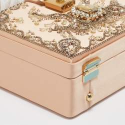 Dolce & Gabbana Beige Satin and Leather Crystal Embellished Rosaria Box Top Handle Bag