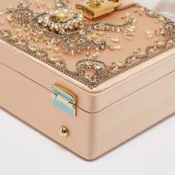 Dolce & Gabbana Beige Satin and Leather Crystal Embellished Rosaria Box Top Handle Bag