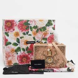 Dolce & Gabbana Beige Satin and Leather Crystal Embellished Rosaria Box Top Handle Bag