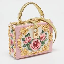 Dolce & Gabbana Pink/Gold Roses Baroque Acrylic Dolce Box Top Handle Bag