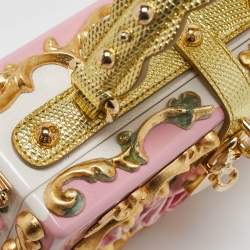 Dolce & Gabbana Pink/Gold Roses Baroque Acrylic Dolce Box Top Handle Bag