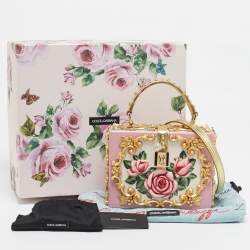 Dolce & Gabbana Pink/Gold Roses Baroque Acrylic Dolce Box Top Handle Bag