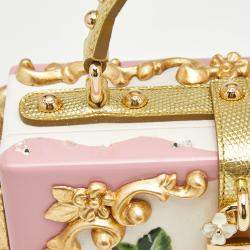 Dolce & Gabbana Pink/Gold Roses Baroque Acrylic Dolce Box Top Handle Bag