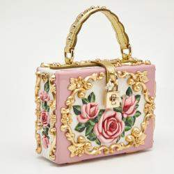 Dolce & Gabbana Pink/Gold Roses Baroque Acrylic Dolce Box Top Handle Bag