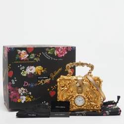 Dolce & Gabbana Gold Barocco Wood Clock Dolce Box Top Handle Bag
