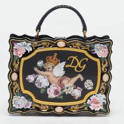 Dolce & Gabbana Black Rose and Cherub Painted Wood Dolce Box Top Handle Bag