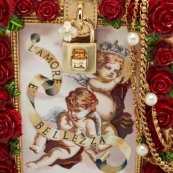 Pre Owned Dolce & Gabbana Gold/Red Rose Wood L'amore e' Bellezza Dolce Box Top Handle Bag