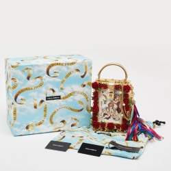 Pre Owned Dolce & Gabbana Gold/Red Rose Wood L'amore e' Bellezza Dolce Box Top Handle Bag