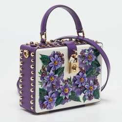 Pre Owned Dolce & Gabbana Purple/White Leather Floral Embellished Dolce Box Top Handle Bag