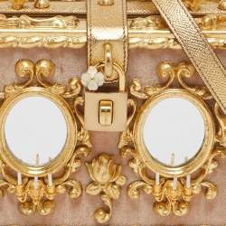 Dolce & Gabbana Gold/Beige Wood and Velvet Mirror Box Regine Top Handle Bag