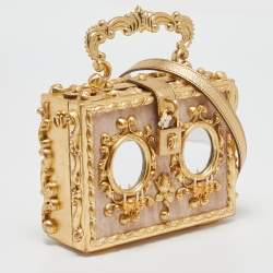 Dolce & Gabbana Gold/Beige Wood and Velvet Mirror Box Regine Top Handle Bag