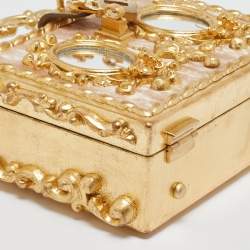Dolce & Gabbana Gold/Beige Wood and Velvet Mirror Box Regine Top Handle Bag