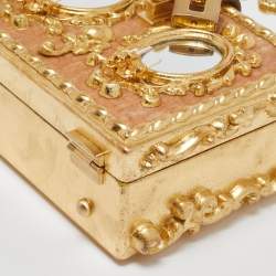 Dolce & Gabbana Gold/Beige Wood and Velvet Mirror Box Regine Top Handle Bag
