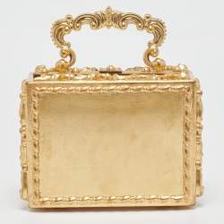 Dolce & Gabbana Gold/Beige Wood and Velvet Mirror Box Regine Top Handle Bag