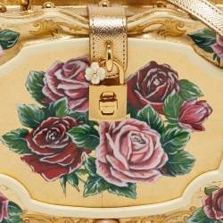 Dolce & Gabbana Gold/Red Rose Painted Wood Dolce Box Top Handle Bag