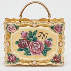 Dolce & Gabbana Gold/Red Rose Painted Wood Dolce Box Top Handle Bag