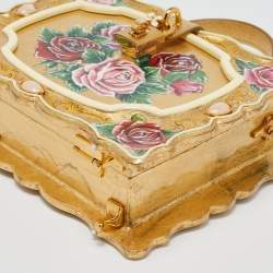Dolce & Gabbana Gold/Red Rose Painted Wood Dolce Box Top Handle Bag