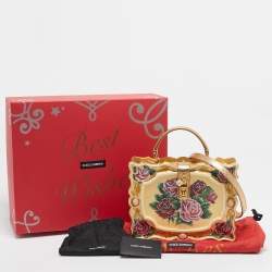 Dolce & Gabbana Gold/Red Rose Painted Wood Dolce Box Top Handle Bag
